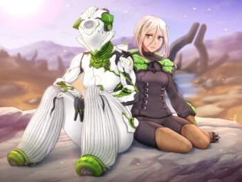 2girls black_pants black_shirt blurry blurry_background bodysuit breasts clip_studio_paint_(medium) closed_mouth commentary_request day depth_of_field green_eyes hair_between_eyes hair_ornament hand_on_another's_shoulder helmet highres horiishi_horuto knees_up long_sleeves looking_at_viewer multiple_girls nova_(warframe) operator_(warframe) outdoors pants purple_sky revision shirt short_hair sidelocks sitting sitting_on_object sky small_breasts smile sun vertical-striped_bodysuit warframe white_hair yokozuwari