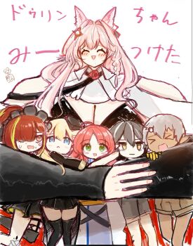 Rule 34 | > <, 2boys, 4girls, :<, :d, ^ ^, anatomical nonsense, animal ears, arknights, black hair, black skirt, black thighhighs, blonde hair, blue eyes, breasts, brown shorts, chestnut (arknights), cleavage, closed eyes, closed mouth, commentary request, drooling, durin (arknights), green eyes, grey hair, grey shorts, hair over one eye, hakoniwashinshi, highres, minimalist (arknights), miniskirt, multiple boys, multiple girls, myrtle (arknights), open mouth, pink hair, pleated skirt, pointy ears, pozyomka (arknights), red eyes, red hair, sattou (style), short shorts, shorts, simple background, skirt, smile, sweat, tecno (arknights), thighhighs, translation request, white background, wolf ears, wolf girl, yellow eyes, zettai ryouiki