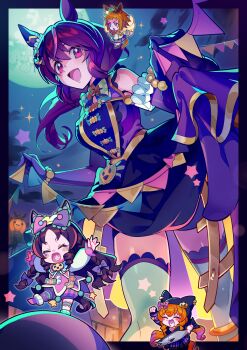 4girls ^_^ animal_ears biko_pegasus_(umamusume) blush_stickers brown_hair chibi chibi_inset closed_eyes commentary_request dress ear_covers ears_under_headwear gloves halloween_costume highres hishi_akebono_(magic_night_garland)_(umamusume) hishi_akebono_(umamusume) horse_ears horse_girl horse_tail kafuki_fuka long_hair looking_at_viewer marvelous_sunday_(trick_ribbonetta)_(umamusume) marvelous_sunday_(umamusume) mayano_top_gun_(rockin&#039;_mewmeow)_(umamusume) mayano_top_gun_(umamusume) multicolored_hair multiple_girls open_mouth orange_hair pink_eyes purple_dress purple_gloves red_eyes single_ear_cover smile solo_focus standing streaked_hair tail umamusume