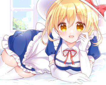 Rule 34 | 1girl, apron, blonde hair, blue dress, bow, buttons, day, dress, elbow gloves, elbow rest, frilled apron, frilled dress, frilled gloves, frills, gloves, hat, hat bow, highres, kana anaberal, lying, neck ribbon, on bed, phantasmagoria of dim.dream, puffy short sleeves, puffy sleeves, red bow, red ribbon, ribbon, short sleeves, solo, thighhighs, thighs, touhou, touhou (pc-98), white apron, white gloves, white hat, white thighhighs, window, yellow eyes, yurufuwa milk