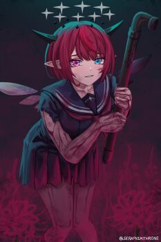 Rule 34 | 1girl, asymmetrical wings, black sailor collar, black serafuku, black shirt, black skirt, blood, blood stain, blue eyes, commentary, cosplay, crystal wings, detached wings, double halo, english commentary, flower, halo, heterochromia, highres, holding, holding lead pipe, hololive, hololive english, horns, irys (gaming casual) (hololive), irys (hololive), lead pipe, leaning forward, looking at viewer, miniskirt, mismatched wings, neckerchief, official alternate costume, pleated skirt, pointy ears, purple eyes, purple hair, red neckerchief, sailor collar, school uniform, serafuku, seraphim throne, shimizu hinako, shimizu hinako (cosplay), shirt, silent hill (series), silent hill f, skirt, solo, spider lily, star halo, torn clothes, torn shirt, virtual youtuber, wings