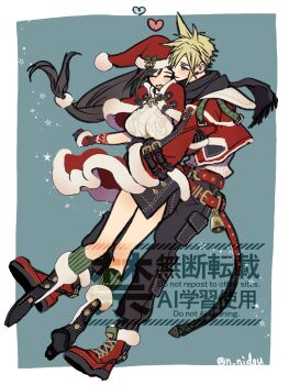 1boy 1girl belt black_gloves black_hair black_pants black_scarf blonde_hair blue_skirt blush boots border breasts capelet christmas closed_eyes cloud_strife cloud_strife_(holiday_outfit) commentary_request couple final_fantasy final_fantasy_vii final_fantasy_vii:_ever_crisis full_body fur-trimmed_capelet fur-trimmed_gloves fur-trimmed_headwear fur-trimmed_jacket fur_trim gloves green_socks hat hat_ornament heart hetero highres holly_hat_ornament hug hug_from_behind jacket large_breasts long_hair looking_at_another low-tied_long_hair miniskirt nidou_(rechlo) official_alternate_costume open_mouth pants pom_pom_(clothes) red_belt red_boots red_capelet red_jacket santa_hat scarf short_hair skirt smile socks spiked_hair star_(symbol) sweater tifa_lockhart tifa_lockhart_(fairy_of_the_holy_flame) turtleneck turtleneck_sweater twitter_username white_border white_sweater