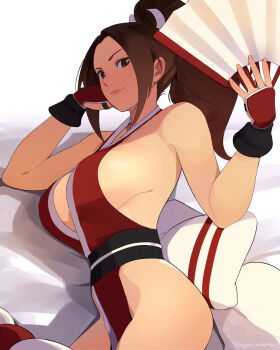 1girl breasts brown_hair closed_mouth commentary_request fatal_fury folding_fan gloves hand_fan high_ponytail highres holding holding_fan large_breasts long_hair looking_at_viewer ponytail red_gloves shiranui_mai smile solo squeezable_(squeezabledraws) standing the_king_of_fighters