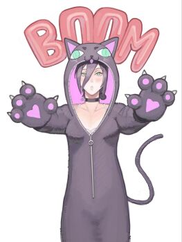 :o animal_hands animal_hood arms_up black_choker blush bra cat_pajamas cat_paws chainsaw_man choker claw_pose claws collarbone cowboy_shot english_text green_eyes hair_between_eyes hair_bun heart highres hood hood_up lips looking_at_viewer medium_hair pajamas purple_hair reze_(chainsaw_man) single_hair_bun underwear white_background white_bra xyanaid zipper zipper_pull_tab