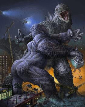 Rule 34 | aircraft, ape, ass, boat, building, car, claws, crane (machine), crossover, destruction, dinosaur, dock, epic, fighting, fire, giant, giant monster, godzilla, godzilla (series), godzilla vs. kong, gorilla, harbor, helicopter, highres, huge ass, jaroslav kosmina, kaiju, king kong, king kong (series), legendary pictures, monster, monsterverse, motor vehicle, muscular, muscular back, muscular male, night, ocean, open mouth, palm tree, rain, roaring, sharp teeth, smoke, spikes, splashing, storm, tail, teeth, toho, tongue, tree, water, watercraft, waves, yellow eyes