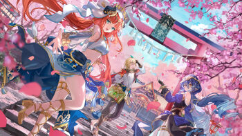 1boy 2girls aqua_eyes bare_shoulders black_gloves blue_hair blue_hood detached_sleeves fake_horns falling_petals floating_hair genshin_impact gloves gold_shoes gold_thighlet guest_art hair_between_eyes harem_outfit high_heels highres hitokoto horns kaveh_(genshin_impact) layla_(genshin_impact) long_hair long_sleeves looking_at_viewer midriff multiple_girls nilou_(genshin_impact) open_mouth outdoors pantyhose parted_lips petals pointy_ears reaching reaching_towards_viewer red_hair shoes smile standing thighlet very_long_hair white_pantyhose yellow_eyes