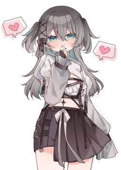 Rule 34 | 1girl, :d, aone ioru, black bow, black gloves, black hair, blush, bow, brown gloves, colored inner hair, commentary, commission, cowboy shot, crossed bangs, double-parted bangs, fingerless gloves, gloves, green eyes, green hair, grey shirt, hair between eyes, hair bow, hair ornament, hand up, heart, highres, indie virtual youtuber, long sleeves, looking at viewer, multicolored hair, open mouth, pleated skirt, ringouulu, shirt, simple background, skeb commission, skirt, smile, solo, spoken heart, streaked hair, twitter username, two-tone hair, two side up, v-shaped eyebrows, white background, x hair ornament