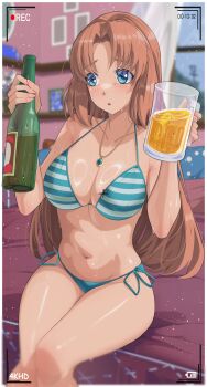 1girl absurdres alcohol battery_indicator beer beer_bottle beer_mug bikini blue_eyes blush breasts brown_hair cleavage commission cup highres indoors large_breasts long_hair looking_at_viewer mug navel open_mouth ozzyart_0221 pixiv_commission recording senki_zesshou_symphogear senki_zesshou_symphogear_xd_unlimited serena_cadenzavna_eve_(another) sitting skindentation solo striped_bikini striped_clothes swimsuit vertical-striped_bikini vertical-striped_clothes very_long_hair wet