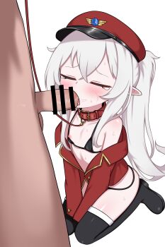 1boy 1girl absurdres bar_censor bdsm bikini black_bikini censored closed_eyes collar commentary commission english_commentary fellatio flat_chest hat hetero highres leash loli long_hair micro_bikini oral original penis pointy_ears red_collar slave swimsuit thighhighs variant_set white_hair zing_(z_z_zing)