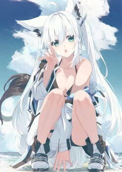 Rule 34 | 1girl, ahoge, animal ear fluff, animal ear piercing, animal ears, aqua eyes, bikini, black bikini, black tail, boots, braid, cloud, crossed bangs, double-parted bangs, earrings, extra ears, fox ears, fox girl, fox shadow puppet, fox tail, full body, fur trim, highres, hololive, jacket, jewelry, long hair, multicolored tail, nagishiro mito, ocean, official alternate costume, open clothes, open jacket, outdoors, pentagram, shirakami fubuki, shirakami fubuki (fubukitek), side braid, sidelocks, single braid, single earring, sitting, sky, solo, swimsuit, tail, thigh strap, twintails, virtual youtuber, white boots, white hair, white tail