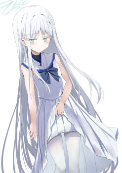 1girl absurdres bare_shoulders blue_archive blush bow bowtie breasts clothes_lift flower grey_eyes hair_flower hair_ornament halo highres long_hair long_skirt looking_at_viewer nagusa_(blue_archive) pantyhose parted_bangs pleated_skirt sailor_collar sen_(astronomy) shirt sidelocks skirt small_breasts solo thighs very_long_hair white_hair white_pantyhose white_sailor_collar white_shirt white_skirt