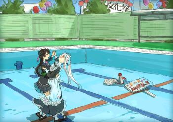 2girls apron armband balloon black_dress black_footwear black_hair black_skirt blue_hair blush bow bowtie closed_eyes dancing day dress empty_pool fence festival from_side green_armband half_updo holding_hands koze_niire lize_helesta lize_helesta_(9th_costume) loafers long_dress long_hair long_sleeves maid maid_headdress mary_janes megaphone multicolored_hair multiple_girls nijisanji open_mouth outdoors pantyhose paper_stack pink_bow pink_bowtie pleated_skirt pool profile school school_uniform shoes sign skirt smile streaked_hair thighhighs tree tsukino_mito tsukino_mito_(1st_costume) twintails virtual_youtuber waltz_(dance) white_apron white_hair white_pantyhose white_thighhighs wide_shot