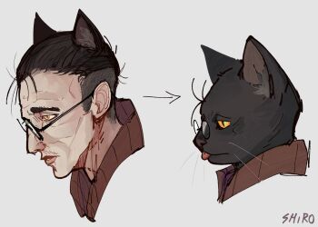1boy :p animal_ears animalization black_cat black_eyes black_hair buzz_cut cat cat_boy cat_ears cropped_shoulders disco_elysium glasses highres kim_kitsuragi looking_to_the_side male_focus old old_man orange_eyes person_and_animalization popped_collar shiroshark short_hair tongue tongue_out very_short_hair wrinkled_skin