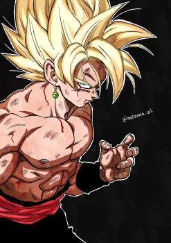 1boy black_background black_pants blonde_hair blood blood_on_face cowboy_shot dragon_ball dragon_ball_super earrings goku_black green_eyes highres jewelry looking_at_viewer male_focus medium_hair muscular muscular_male naouuma_art pants potara_earrings red_sash sash simple_background solo spiked_hair super_saiyan super_saiyan_1 topless_male twitter_username