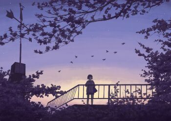 1girl bag bird bow bowtie cardigan cherry_blossoms collared_shirt commentary_request compass dusk flock gensuke_(ryun) highres long_sleeves miniskirt original outdoors pink_cardigan pleated_skirt railing red_bow red_bowtie school_uniform shirt short_hair shoulder_bag skirt solo standing star_(sky) tree white_shirt wide_shot