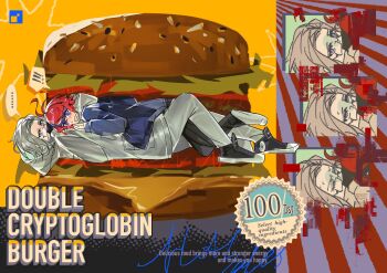 ! !! ... 2boys ahoge aotsuki_eito black_gloves black_hair black_pants black_shoes blue_eyes blue_jacket blush burger chinese_commentary closed_eyes commentary_request covered_mouth english_text eyelashes food glasses gloves gracefulwidow0726 grey_hair hand_on_another&#039;s_chest highres hood hood_down hooded_jacket hoodie in_food jacket jacket_over_hoodie long_sleeves male_focus multicolored_hair multiple_boys open_mouth pants purple_eyes rectangular_eyewear red_hair red_pupils shoes short_hair sneakers speech_bubble spoken_ellipsis spoken_exclamation_mark streaked_hair sumino_takumi the_hundred_line_-last_defense_academy- two-tone_hair variant_set white_hoodie white_jacket white_pants white_shoes yaoi