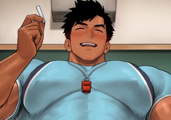 1boy ^_^ arm_hair bara black_hair blue_shirt blush broad_shoulders chalk closed_eyes closed_mouth covered_abs covered_erect_nipples from_below huge_pectorals kuromine_hiraya male_focus muscular muscular_male open_mouth original parted_bangs shirt side_part smile solo spiked_hair sweatdrop thick_arms thick_eyebrows tight_clothes tight_shirt upper_body whistle whistle_around_neck