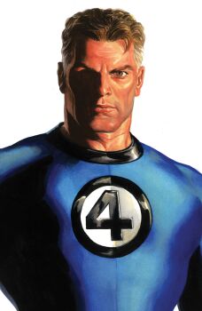 1boy absurdres alex_ross blue_bodysuit bodysuit brown_eyes brown_hair comic_cover cover cover_page fantastic_four highres looking_at_viewer male_focus marvel mature_male multicolored_hair muscular muscular_male official_art one_eye_in_shadow realistic reed_richards short_hair solo superhero_costume upper_body western_comics_(style) white_background white_hair