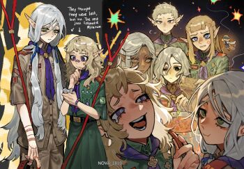 2boys 4girls anger_vein arm_tattoo badge bags_under_eyes bandaid bandaid_on_face bandaid_on_nose belt black_eyes blonde_hair blue_eyes blush braid brown_pants brown_shirt cithis commentary cooking_pot dark-skinned_female dark_elf dark_skin dungeon_meshi earrings elf english_commentary english_text facial_mark fairy fairy_(dungeon_meshi) fire fleki food forehead_mark green_eyes green_shirt green_skirt grey_hair hair_around_ear hair_ribbon half_up_braid hand_on_own_chin highres holding holding_food holding_paper jewelry lazy_eye long_hair looking_at_another low_twintails lycion mithrun multiple_boys multiple_girls multiple_piercings necktie notched_ear nova_1810 otta_(dungeon_meshi) pants paper pattadol pointy_ears purple_eyes ribbon shirt short_hair short_sleeves skirt split_screen stew stick tattoo tearing_up thai_scout_uniform tongue twintails uneven_eyes very_short_hair wavy_hair yellow_eyes