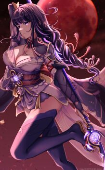 1girl absurdres arm_up asymmetrical_sleeves blunt_bangs braid breasts bridal_gauntlets cleavage commentary_request copyright_notice electricity engulfing_lightning_(genshin_impact) from_side full_moon genshin_impact glowing glowing_eyes glowing_hair hair_ornament highres holding holding_polearm holding_weapon japanese_clothes kimono large_breasts lingerie long_braid looking_at_viewer looking_to_the_side moon off_shoulder polearm purple_kimono purple_thighhighs raiden_shogun rang_g_c red_background red_moon red_sash red_sky sash shade single_braid sky solo standing standing_on_one_leg thighhighs thighs underwear uneven_sleeves upper_body weapon