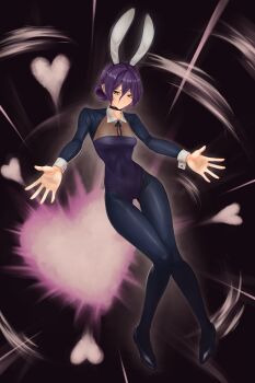 1girl absurdres alternate_costume animal_ear_hairband animal_ears black_pants black_ribbon black_shrug breasts chainsaw_man fake_animal_ears green_eyes hair_between_eyes hair_bun hairband heart highres leotard math1337 outstretched_arms pants playboy_bunny purple_hair purple_leotard rabbit_ear_hairband rabbit_ears reze_(chainsaw_man) ribbon shrug_(clothing) small_breasts solo wrist_cuffs