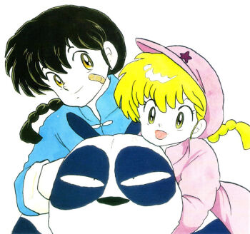 1girl braid braided_ponytail chinese_clothes official_art open_mouth panda ranma_1/2 saotome_genma_(panda) saotome_ranma saotome_ranma_(female) saotome_ranma_(male) simple_background smile takahashi_rumiko tangzhuang white_background