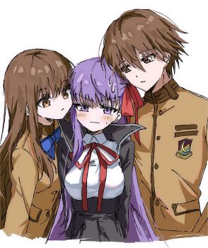 Rule 34 | 1boy, 2girls, bb (fate), bb (fate/extra), bisexual female, blush, brown eyes, brown hair, brown jacket, commentary request, fate/extra, fate/extra ccc, fate (series), hair ribbon, height difference, highres, jacket, kishinami hakuno (female), kishinami hakuno (male), long hair, long sleeves, looking at another, looking at viewer, multiple girls, neck ribbon, purple eyes, purple hair, red ribbon, ribbon, school uniform, short hair, simple background, sweat, syst098, tsukumihara academy uniform (fate/extra), very long hair, white background