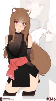 1girl absurdres animal_ear_fluff animal_ears arms_behind_back artist_name black_thighhighs breasts brown_hair closed_mouth commentary elbow_gloves english_commentary fishnet_gloves fishnet_thighhighs fishnets gloves highres holo likunea long_hair looking_at_viewer patreon_logo patreon_username red_eyes sidelocks skindentation small_breasts smile spice_and_wolf tail thighhighs twitter_username twitter_x_logo wolf_ears wolf_girl wolf_tail zoom_layer