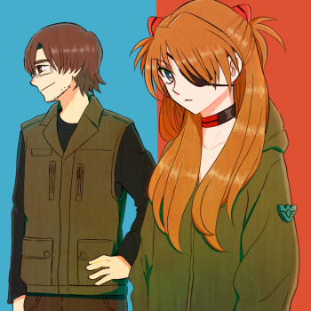 1boy 1girl aida_kensuke beard blue_eyes brown_hair coat evangelion:_3.0+1.0_thrice_upon_a_time expressionless eyepatch facial_hair glasses grin hair_ornament hair_over_one_eye hairclip hand_on_own_hip long_hair neon_genesis_evangelion rebuild_of_evangelion smile souryuu_asuka_langley standing twintails