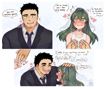 1boy 1girl artist_self-insert blush bridal_veil bride couple dress embarrassed english_text fang green_eyes green_hair groom headpat heart hetero highres holding_hands husband_and_wife igarashi_futaba jewelry long_hair open_mouth ornate_ring panqlao ponytail ring senpai_ga_uzai_kouhai_no_hanashi short_hair sidelocks takeda_harumi tuxedo veil wavy_mouth wedding wedding_dress wedding_ring white_dress