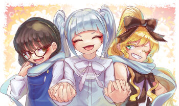 3girls :d ;) ^_^ absurdres bare_arms bare_shoulders black-framed_eyewear black_bow black_hair blonde_hair blue_hair blue_scarf blunt_bangs bow brown_hair closed_eyes colored_eyelashes commentary dei_matsuri facing_viewer female_focus futate_eru glasses green_eyes hair_bow high_ponytail highres holding_hands iin_chiyo interlocked_fingers kimi_no_koto_ga_dai_dai_dai_dai_daisuki_na_100-nin_no_kanojo lapi-p long_hair long_sleeves looking_at_viewer multiple_girls one_eye_closed open_mouth ponytail scarf sidelocks smile twintails white_bow wink