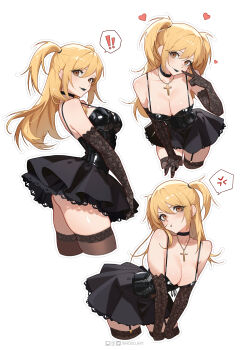 ! 1girl amane_misa anger_vein ass black_choker black_dress black_garter_straps black_gloves black_lips black_thighhighs blonde_hair breasts brown_eyes choker cleavage closed_mouth commentary cross cross_necklace death_note dress elbow_gloves english_commentary garter_straps gloves hair_between_eyes heart highres inhoso jewelry lace lace-trimmed_gloves lace_trim large_breasts leaning_forward looking_at_viewer necklace pout short_dress smile solo spoken_anger_vein spoken_exclamation_mark thighhighs thighs two_side_up v zettai_ryouiki