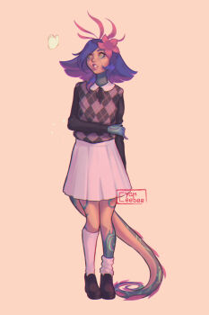 1girl arm_at_side artist_name black_sweater blue_hair brown_shoes bug butterfly colored_skin cyber_(cyanceebee) flower full_body green_skin hair_flower hair_ornament highres holding_own_arm insect kneehighs league_of_legends lizard_tail long_tail looking_at_animal medium_hair miniskirt neeko_(league_of_legends) open_mouth orange_background orange_eyes pink_flower pink_lips pink_sweater pleated_skirt purple_hair reptile_girl scales shirt shirt_under_sweater shoes simple_background single_loose_sock skirt slit_pupils socks solo standing sweater sweater_tucked_in tail teeth white_shirt white_skirt white_socks wide-eyed