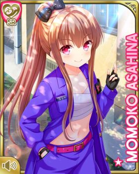 1girl asahina_momoko banchou belt black_bow bow brown_hair closed_mouth delinquent female_focus fingerless_gloves girlfriend_(kari) gloves hand_in_pocket jacket japanese_clothes long_hair midriff official_art outdoors pants pink_belt pocket ponytail purple_jacket purple_pants qp:flapper red_eyes sarashi school smile solo standing stomach tagme window wrappings