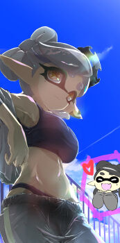 2girls absurdres against_railing armpits black_hair black_panties black_pants black_sports_bra blue_sky bow-shaped_hair breasts brown_eyes callie_(splatoon) closed_eyes closed_mouth cloud commentary_request cross-shaped_pupils day doodle_inset from_below grey_hair grey_jacket hair_ornament heart hideyoshi_(swliyhbpe9xqqze) highres inkling jacket large_breasts linea_alba long_pointy_ears marie_(splatoon) mole mole_under_eye multiple_girls navel nintendo off_shoulder open_clothes open_jacket open_mouth outdoors panties pants pointy_ears railing sky solo_focus splatoon_(series) splatoon_1 sports_bra stomach symbol-shaped_pupils tentacle_hair underwear