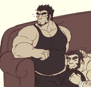 Rule 34 | 2boys, bara, beard, black hair, black tank top, closed eyes, commentary, contemporary, couch, couple, english commentary, facial hair, fire emblem, fire emblem: the sacred stones, garcia (fire emblem), gilliam (fire emblem), highres, jewelry, juggermelon, male focus, multiple boys, muscular, muscular male, nintendo, on couch, pectoral cleavage, pectorals, ring, short hair, sitting, tank top, yaoi