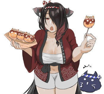 Rule 34 | black hair, breasts, chest sarashi, cleavage, cowboy shot, dango, food, highres, holding, holding food, hololive, hololive english, horns, jacket, jailbird (nerissa ravencroft), large breasts, long hair, mamarissa, multicolored hair, navel, open clothes, open jacket, red hair, sarashi, set7, shorts, simple background, solo focus, streaked hair, very long hair, virtual youtuber, wagashi, white background, white shorts