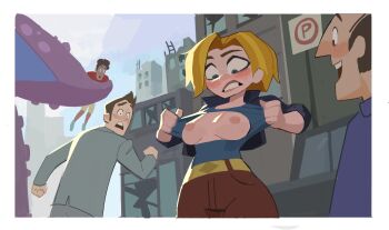 1girl 3boys absurdres amugea blonde_hair blue_shirt blush breasts dc_comics dc_super_hero_girls denim highres jeans kara_danvers large_breasts multiple_boys nipples pants shirt short_hair smile teeth tentacles torn_clothes