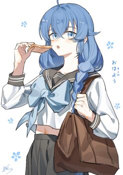 1girl absurdres ahoge bag black_skirt blue_eyes blue_hair blue_neckerchief braid bread bread_slice brown_bag chinese_commentary collarbone commentary crossed_bangs dated food from_side hair_horns hair_over_shoulder highres holding_bread looking_at_viewer looking_to_the_side lower_teeth_only midriff mushoku_tensei navel neckerchief open_mouth pleated_skirt roxy_migurdia sailor_collar school_bag school_uniform sideways_glance signature simple_background skirt solo teeth toast translated twin_braids upper_body white_background yisjhui