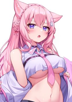 1girl :o animal_ears black_choker blush braid braided_bun breasts choker collared_shirt crop_top crown_braid deaver double_bun fang hair_bun hakui_koyori hakui_koyori_(1st_costume) highres hololive lab_coat large_breasts long_hair looking_at_viewer navel necktie off_shoulder open_mouth pink_hair pink_necktie purple_eyes shirt simple_background sleeveless sleeveless_shirt solo stomach tail tail_raised underboob upper_body virtual_youtuber white_background white_shirt wolf_ears wolf_tail