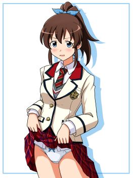 Rule 34 | 1girl, blazer, blue border, blue eyes, blue ribbon, blush, border, bow, bow panties, brown hair, commentary, cowboy shot, crotch seam, dress shirt, emblem, grey sweater vest, hair ribbon, high ponytail, high schoolmate (idolmaster), highres, idolmaster, idolmaster million live!, idolmaster million live! theater days, jacket, lielos, long sleeves, looking at viewer, medium hair, miniskirt, open mouth, panties, plaid clothes, plaid skirt, pleated skirt, ponytail, red skirt, ribbon, satake minako, shadow, shirt, simple background, skirt, smile, solo, standing, sweater vest, underwear, white background, white jacket, white panties, white shirt, wing collar