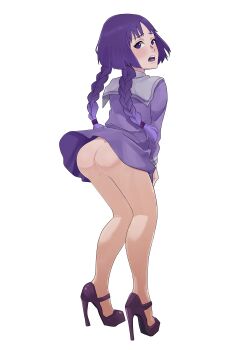absurdres aldwelter ass ass_focus boruto:_naruto_next_generations braid dress high_heels highres kakei_sumire looking_back naruto_(series) no_panties open_mouth purple_eyes purple_hair sailor_dress short_dress twin_braids white_background wind wind_lift