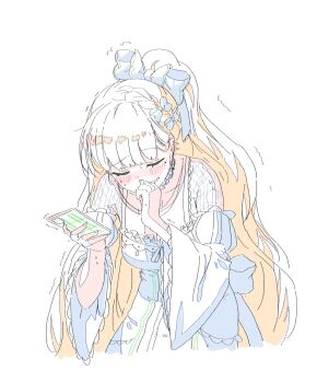 Rule 34 | 1girl, bare shoulders, blonde hair, blush, bow, braid, breasts, cleavage, closed eyes, color trace, covering own mouth, detached sleeves, hair bow, highres, holding, holding phone, large breasts, leaning forward, long hair, long sleeves, mahou shoujo no majo saiban, mole, mole under eye, nose blush, phone, ponytail, saeki miria, simple background, solo, trembling, tsujiya okuyasu, white background, wide sleeves