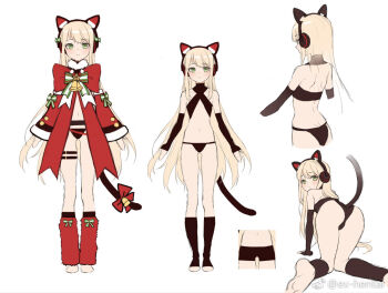 1girl all_fours animal_ear_headphones animal_ears ass barefoot bell black_gloves black_panties black_shorts black_tube_top blonde_hair blush bow cat_ear_headphones cat_ears cat_tail christmas closed_mouth commentary_request detached_sleeves dot_nose elbow_gloves fake_animal_ears from_behind full_body fur-trimmed_sleeves fur_collar fur_leg_warmers fur_trim girls'_frontline gloves green_bow green_eyes haijin headphones huge_bow leg_warmers long_hair looking_at_viewer looking_back micro_shorts multiple_views navel neck_bell official_alternate_costume panties red_bow red_leg_warmers red_sleeves reference_sheet revealing_clothes shorts simple_background sling_bikini_top soles stirrup_legwear strapless striped_bow tail tail_bell tail_bow tail_ornament tail_raised thigh_strap tmp_(girls'_frontline) tmp_(red-eared_cat)_(girls'_frontline) toeless_legwear translucent_hair tube_top underwear very_long_hair watermark weibo_username weibo_watermark white_background