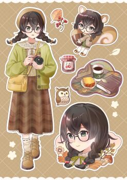 1girl absurdres animal_ears bag beret bird black-framed_eyewear blush book braid brown_background brown_hair brown_hat brown_shirt brown_shoes brown_skirt brown_socks camera cardigan chibi commentary_request cup disposable_coffee_cup disposable_cup food full_body glasses green_cardigan green_eyes hair_between_eyes hanakuma_chifuyu hat highres holding holding_acorn holding_camera jam jar kaninoto leaf long_skirt looking_at_viewer medium_hair multiple_views open_cardigan open_clothes outline owl pleated_skirt shirt shoes shoulder_bag skirt socks squirrel_ears squirrel_girl squirrel_tail sticker_sheet_(medium) synthesizer_v tail twin_braids white_outline yellow_bag