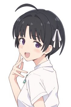 1girl absurdres ahoge alternate_hair_length alternate_hairstyle awa_subaru black_hair blush commentary eyelashes fingernails from_side girls_band_cry hair_intakes hair_ribbon highres looking_at_viewer looking_to_the_side mimori_(mimori_05) open_mouth purple_eyes ribbon shirt short_hair short_sleeves simple_background smile solo teeth turning_head upper_body upper_teeth_only very_short_hair white_background white_ribbon white_shirt
