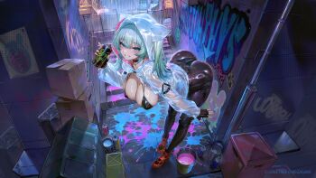 1girl absurdres aegyo_sal animal_ear_hood artist_request ass bent_over bikini black_bikini black_gloves black_pantyhose blue_eyes blue_hair blue_paint blunt_bangs box breasts bucket cardboard_box chain-link_fence character_name cityscape cleavage collarbone commentary_request copyright_name copyright_notice daiblos_core fake_animal_ears fang fence fingerless_gloves gloves graffiti grin handrail highres holding holding_spray_can hood large_breasts leedsichthys_(daiblos_core) looking_at_viewer nail_polish neon_sign paint_splatter pantyhose pink_paint poster_(object) rain raincoat red_shoes see-through_clothes see-through_raincoat shoes skull smile solo spray_can spray_paint stairs standing swimsuit trash_can twintails x_x