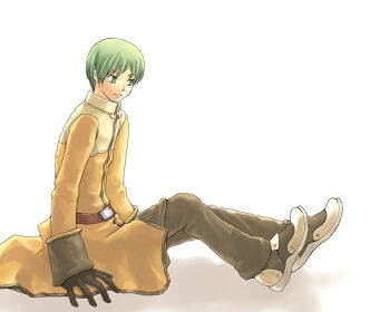 Rule 34 | 1boy, acolyte (ragnarok online), black gloves, brown pants, brown shoes, cassock, closed mouth, commentary request, dated commentary, full body, gloves, green eyes, green hair, long sleeves, looking afar, male focus, oomojiya, pants, ragnarok online, shoes, short hair, sitting, smile, solo