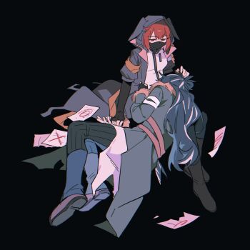 2girls arknights arm_support black_background black_coat black_gloves black_pants blue_hair blue_shoes coat crownslayer_(arknights) dopperu_ben elbow_gloves facing_away fingerless_gloves frown fur-trimmed_coat fur_trim gloves highres hood hood_up hooded_coat lap_pillow looking_down mask multicolored_hair multiple_girls pants paper red_eyes red_hair shirt shoes simple_background snegurochka_(arknights) streaked_hair torn_paper white_hair white_shirt