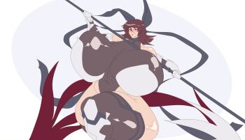 1girl absurdres blush breasts covered_navel curvy female_focus gigantic_breasts gloves highres leotard looking_at_viewer mature_female medium_hair mizuki_shiranui plump polearm red_eyes solo taimanin_(series) thick_thighs thighhighs thighs weapon wide_hips winterwarning